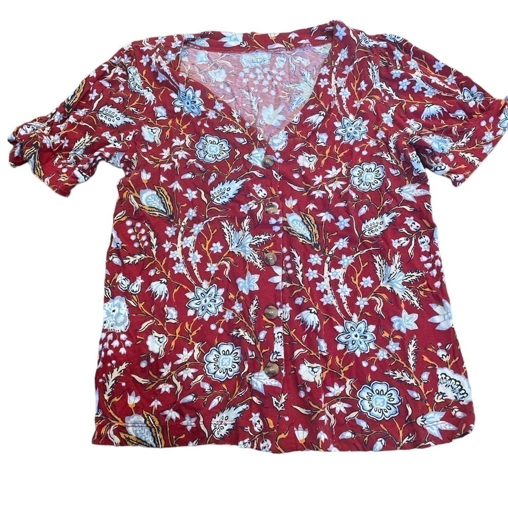 Loft Red Floral V Neck Button Front Blouse In A Cotton Blend, Women’s